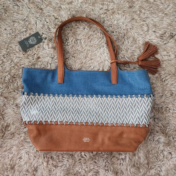Vince Camuto Edena Tote Blue and Brown Leather and Denim Colorblocked Bag - Picture 2 of 16